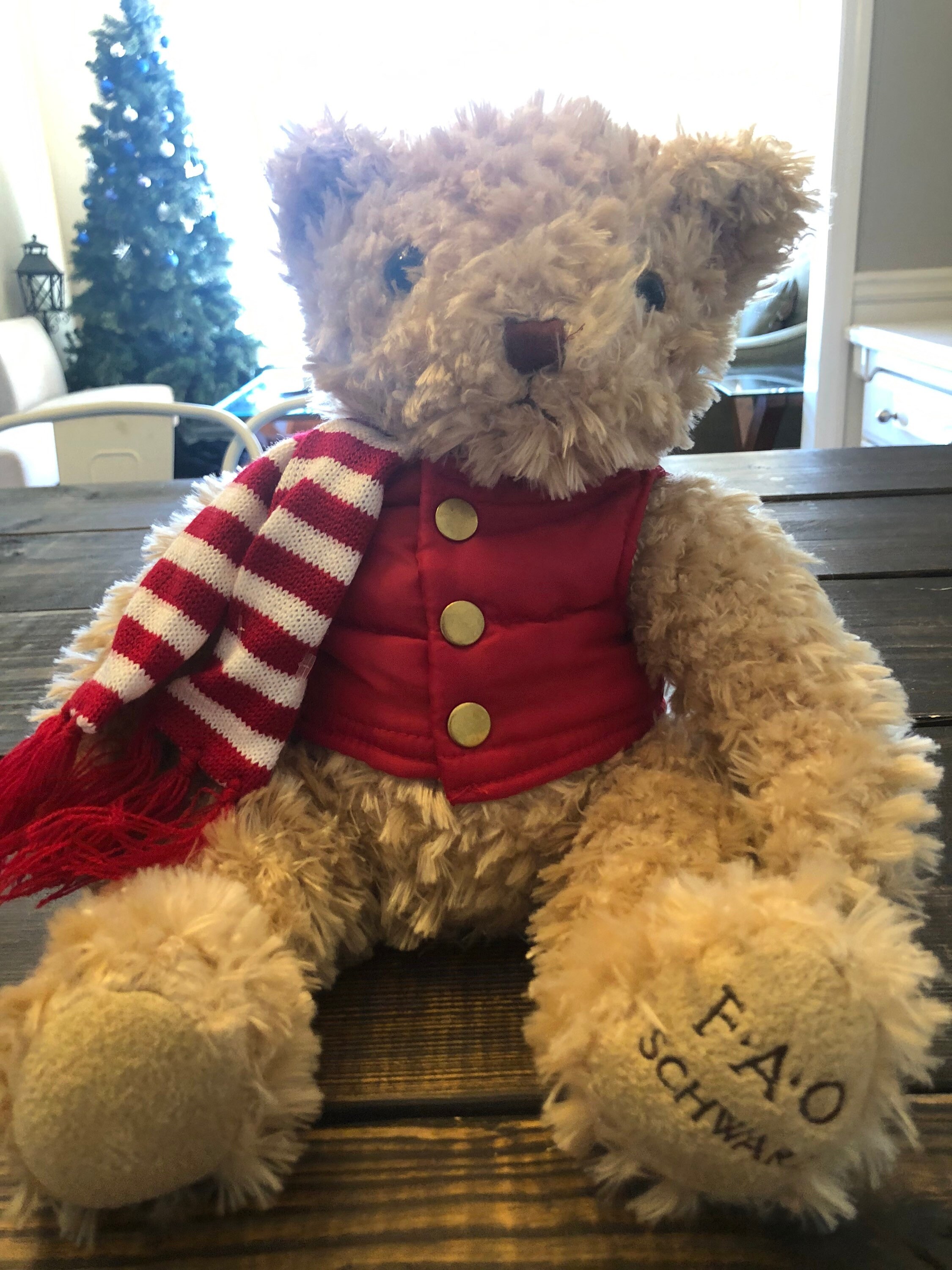 FAO Schwarz Plush Furry Brown Teddy Bear In Red Sweater Sitting Stuffed  Animal