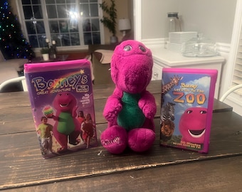 Vintage Barney Plush And 2 VHs films Barney Goes to the Zoo and Barney's Great adventure
