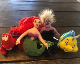 Disney Little Mermaid Ariel, Ursula, Flounder and Sebastian Bean Bag Plush