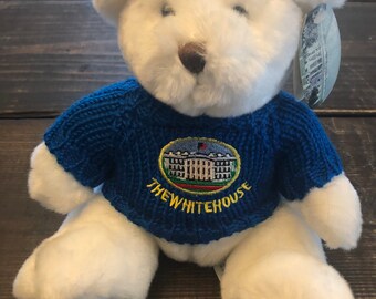 Collectable White With Blue Sweater White House Teddy Bear Plush Stuffed Animal