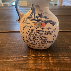 Vintage Left Handed Pitcher South Paw Blue Pitcher Dutch Style Made in Japan