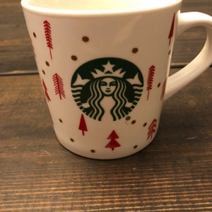 Large Christmas Starbucks Coffee Mig White with red Christmas Trees