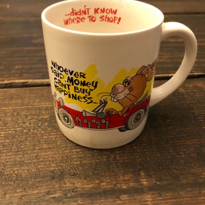 Vintage Message Mug with rabbit and race car. Whoever said money can’t buy happiness.... didn’t know where to shop!