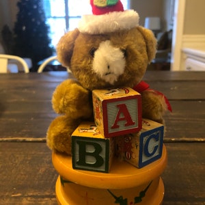 Vintage Christmas Teddy Bear Musical Plush Wind Up Music Box
