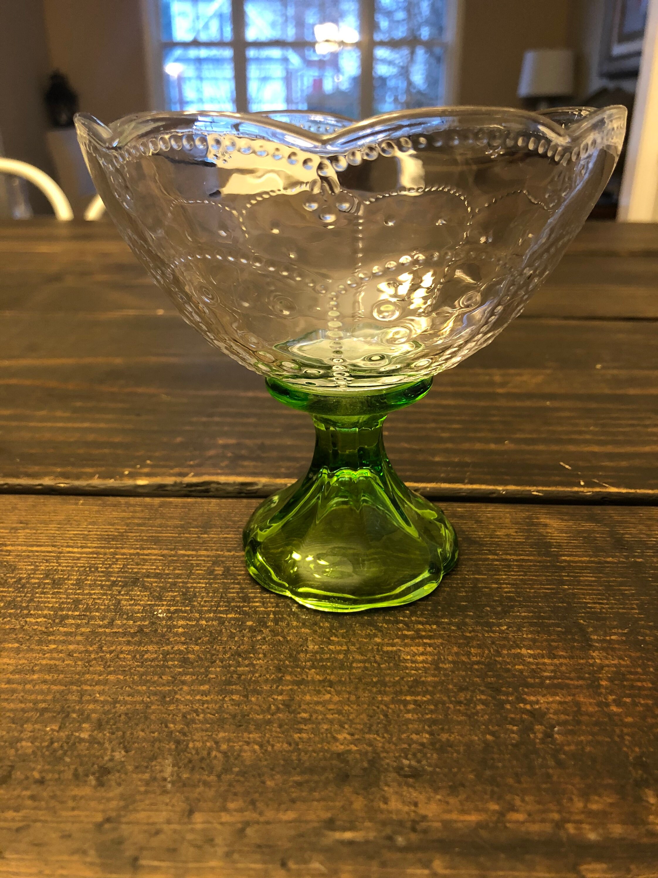 Vintage etched green stem glass dessert bowl Etsy