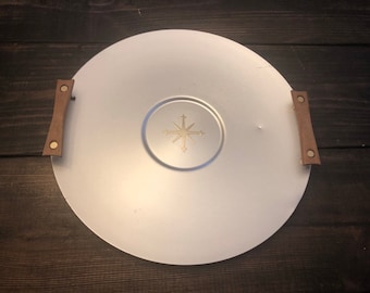 Vintage Mid century Mirro Medallion Aluminum round tray with teak handles