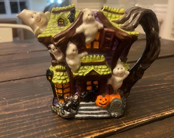 Christopher Radko Howl Manor Centerpiece Cookie Tea Pot Rare Ghost Jack o Lantern Black Cat Beautiful