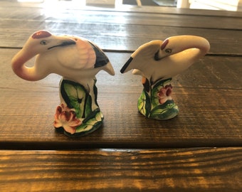 Vintage Ceramic Flamingo Salt And Pepper Shakers Japan No bottom stoppers