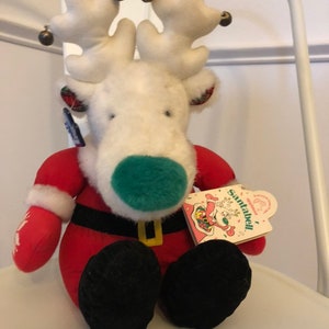 Vintage Applause SANTABELL Reindeer 11&quot;White Plush Red Santa Suit Jingle Bells