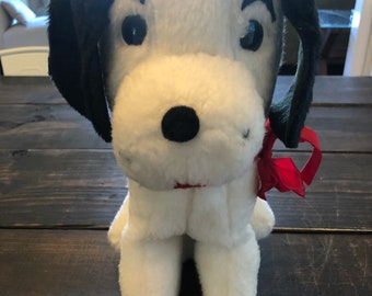 Vintage K B Bros Incorporated White and Black Dog Plush with red ribbon