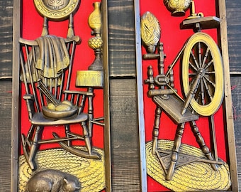 Vintage 1960’s Burwood Products 16 x 7 Wall Hanging Rocking Chair Cat Knitting and Spinning Theme