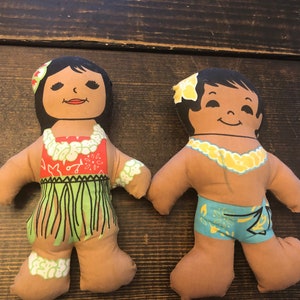 Vintage  1970’s Hawaiian Huggables Cloth Hula Girl Doll and Hula Boy