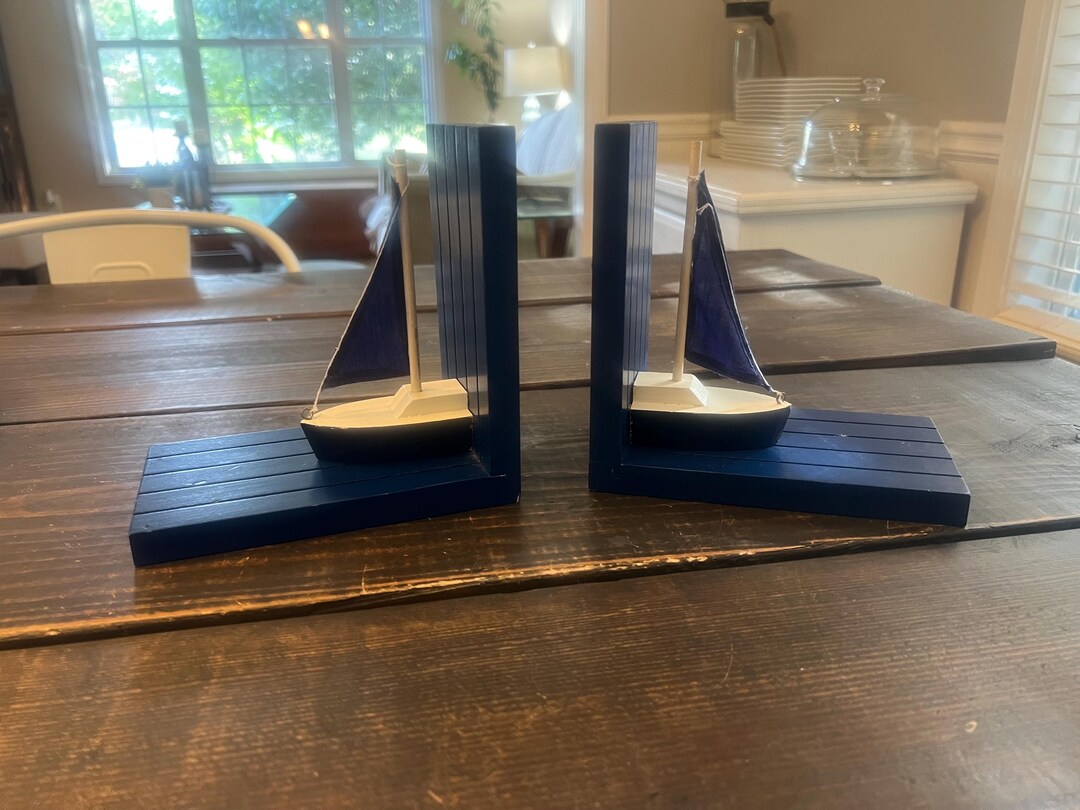 Nautical Sailboat Bookends White Blue Cloth Sail Beach Lake Ocean House ...