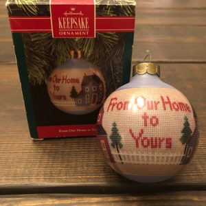 Vintage 1990 Hallmark Keepsakes Christmas Ornament Cross stitch From Our Home to Yours Glass Ornament.
