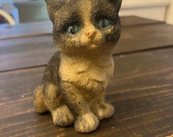 Vintage Flocked Felt Ceramic Cat Kitten Baby Animal Figure Statue