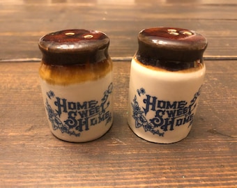 Vintage Earthenware Brown Blue Salt and Pepper Shakers Home Sweet Home Taiwan 2.5 Inch
