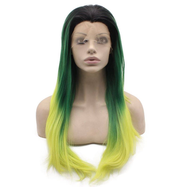 Halloween Balayage Dip Dye 8a High Heat Lace Front Synthetic Wig 1b Off Black Into Muliti Green Yellow Ombre