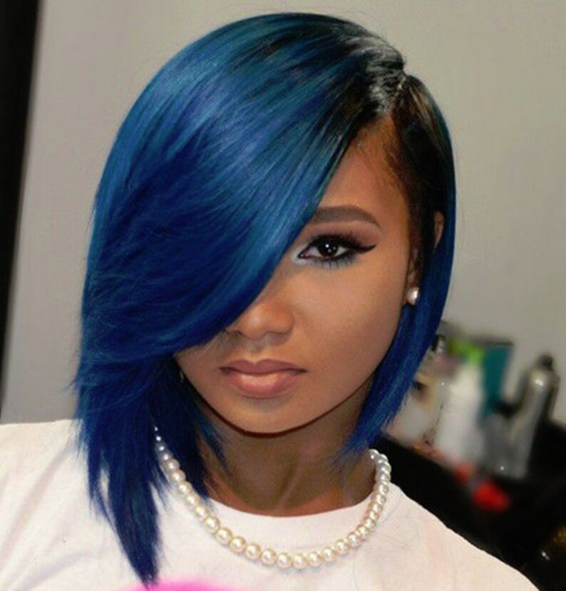 High Heat Synthetic Remy Human Feel Ombre Dip Dye Lace Front Lacefront Bob Asymmetrical Wig Royal Blue 14 Limited Stock