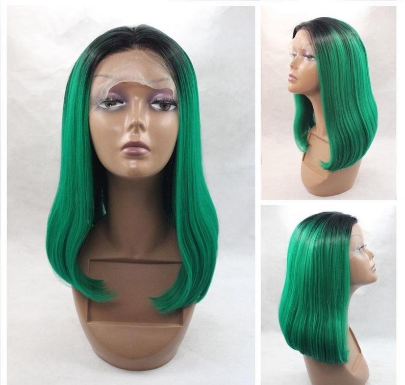Balayage Dip Dye Dark Root Bright Green Bob Lace Front Wig 14 Human Feel High Heat Synthetic Fibres