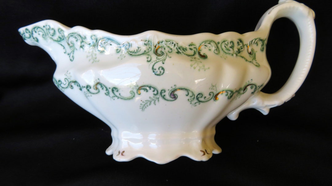 Antique Green Transferware Gravy Boat, J & G Meakin, ELYSEE, English,staffordshire, Dining