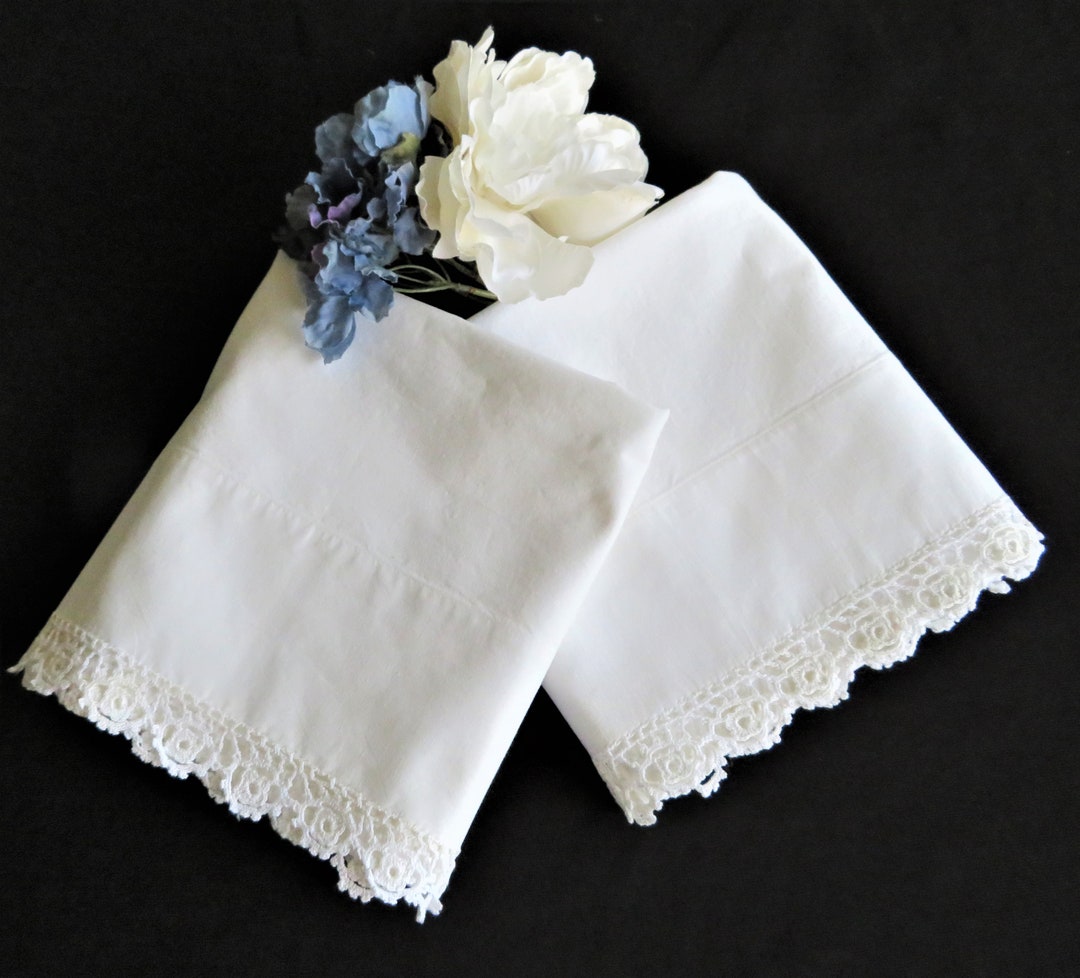 Pair Vintage Pillowcases, Crocheted Edging, Cotton, Bed & Breakfast