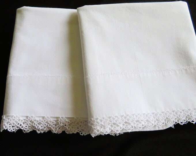Pair Vintage White Cotton Pillowcases, Picot/tatted Edging, Bed