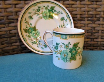 Green Transferware Flat Cup & Saucer, Crown Staffordshire, KOWLOON, Tea Party, Serving, Gifts