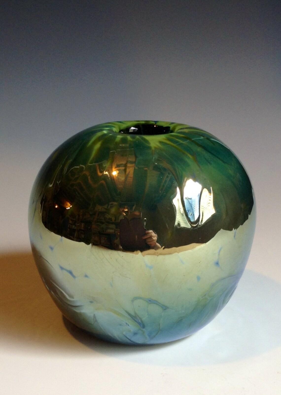 Globe Vase with Light Green Base and Reduced Metallic Surface Etsy