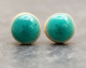 Stud Earrings, Handmade, Ceramic, Sterling Silver, teal, Scroll Back, Round, Jewellery, Unique, Dainty, turquoise, Glazed White Stoneware