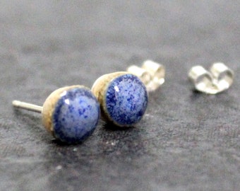 Mottled Blue glossy stud earrings, sterling silver and ceramic, handmade with love, Mottled dark blue and lighter blue speckles glaze