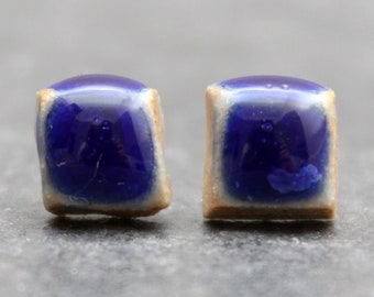 Unique ceramic Stud Earrings, cobalt blue, Handmade, Sterling Silver, Scroll Back, square, Jewellery, Unique, Dainty, Glazed White Stoneware