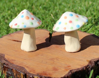 White dotty mushroom pair, handmade ceramic, colourful, home and garden sculptures / ornaments