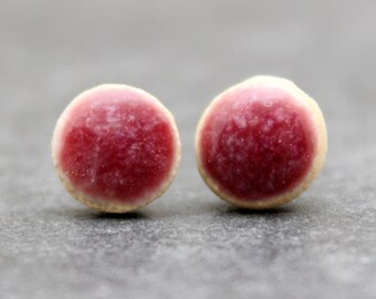 Raspberry pink ceramic stud earrings, Handmade, Sterling Silver, Scroll Back, Round, Jewellery, Unique, fuscia, pink, Glazed White Stoneware
