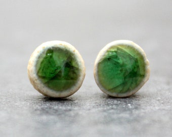 Green crackle pretty ceramic stud sterling silver earrings, dainty jewellery, handmade ceramic, artist made earrings
