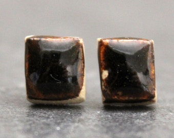 Unique ceramic Stud Earrings, dark mahogany brown, Handmade, Sterling Silver, Scroll Back, Jewellery, Dainty, Glazed White Stoneware