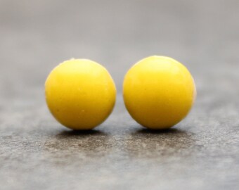 Vibrant sunflower yellow ceramic stud earrings, Handmade, Sterling Silver, Scroll Back, Round, Jewellery, Unique, jewelry