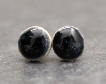 Unique ceramic Stud Earrings, handmade, dark black with blue, disc, Sterling Silver, Scroll Back, Jewellery, Dainty, Glazed White Stoneware