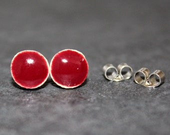 Cherry red ceramic stud earrings, Handmade, Sterling Silver, Scroll Back, Round, Jewellery, Unique, jewelry, Glazed White Stoneware