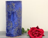 Floating blue vase adorned with hand carved nature inspired pattern, flower vase, pot, stoneware, handmade ceramics, mauve, cobalt, sky blue