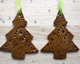 Christmas trees, Warm Red Brown Crackle patterned, Handmade Ceramic, decorations, ornament, festive decor, green, Noël, glazed stoneware