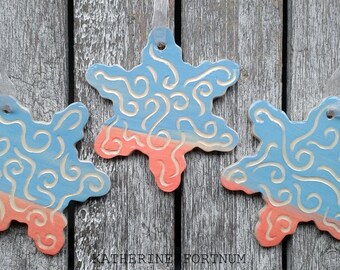 Christmas snowflake decoration, Ceramic, handmade, Hanging, tree decoration, blue, pink, pottery, Noël, ornament, xmas, glazed stoneware