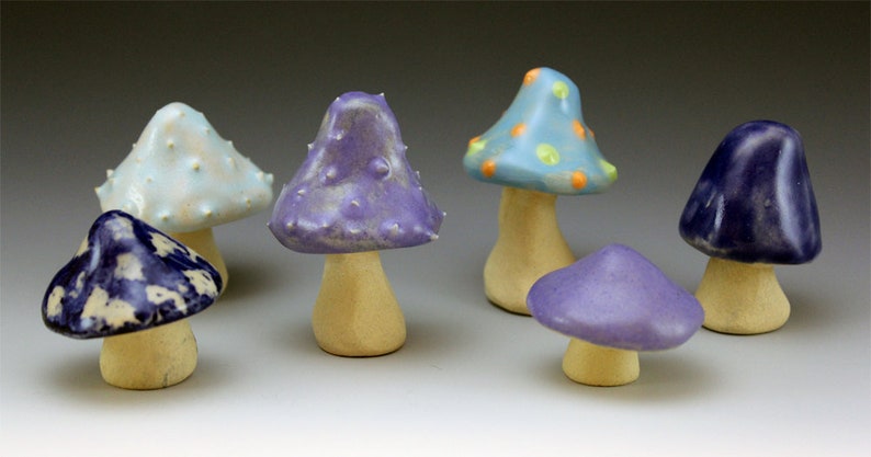 unique colourful sculpture purple glazed stoneware nursery Fairy garden Ceramic Mushrooms fairy tale set of 6 Handmade blue dotty