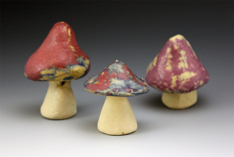 Set of 6 ceramic mushrooms purple Handmade decorative blue home garden decor sculpture pink fairy tale glazed stoneware unique