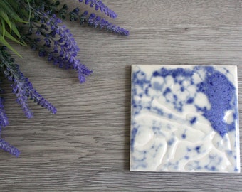 Handmade large square coaster, bubble glazed mottled cornflour blue and creamy white.