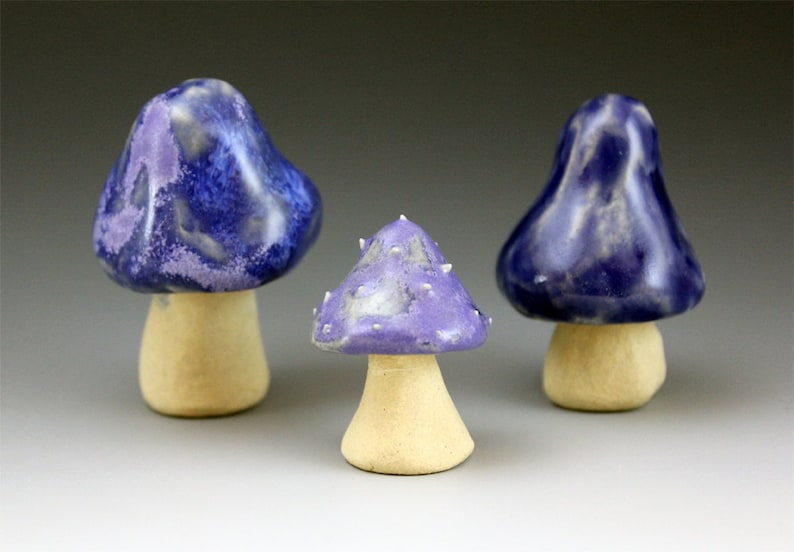Set of 6 ceramic mushrooms purple Handmade decorative blue home garden decor sculpture pink fairy tale glazed stoneware unique