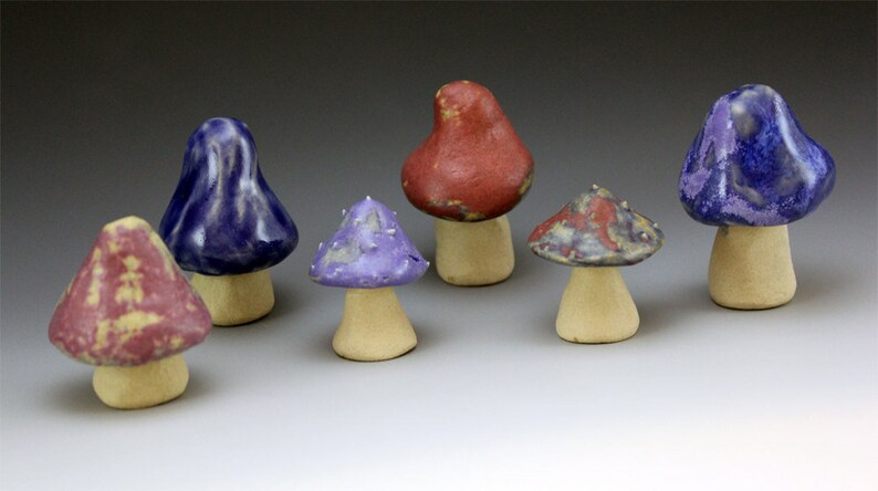 Set of 6 ceramic mushrooms purple Handmade decorative blue home garden decor sculpture pink fairy tale glazed stoneware unique