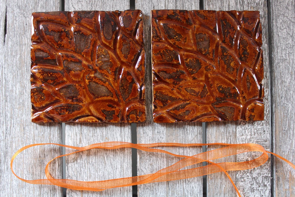 Ceramic Coasters Handmade set of 2 square carved flowers Etsy