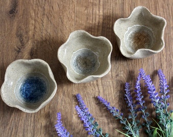 Ceramic Flower bowls, set of 3, decorated with nature inspired designs, wavy, green/purple/blue, handmade glazed stoneware, dish, home decor
