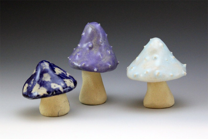 unique colourful sculpture purple glazed stoneware nursery Fairy garden Ceramic Mushrooms fairy tale set of 6 Handmade blue dotty