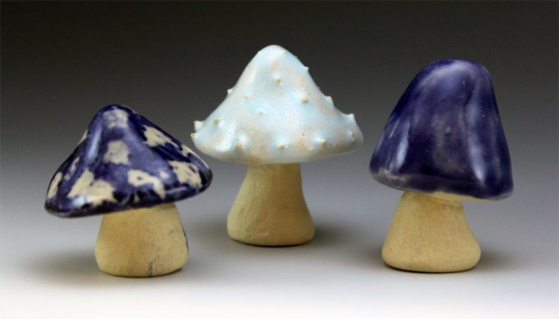 unique colourful sculpture purple glazed stoneware nursery Fairy garden Ceramic Mushrooms fairy tale set of 6 Handmade blue dotty